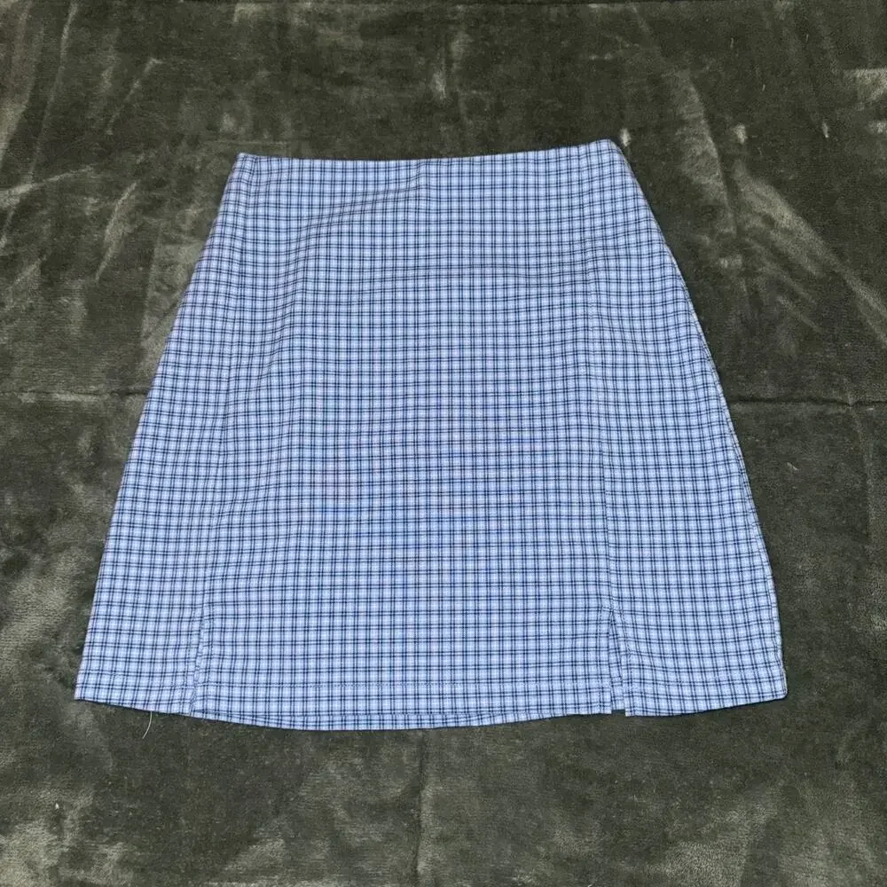 Brandy Melville‎ Mini Skirt Womens S Blue White Plaid Stretch Back Zipper Summer